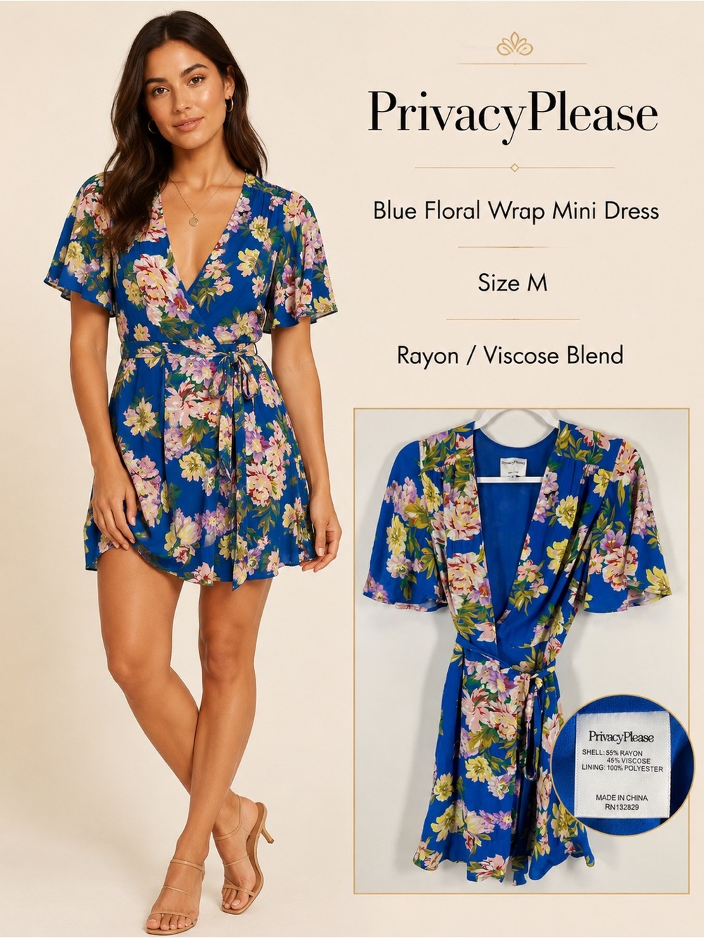PrivacyPlease Blue Floral Flutter Sleeve Wrap‎ Mini Dress Size M